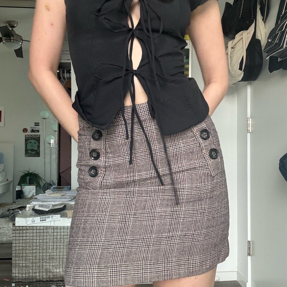 Plaid Button-Detail Skirt